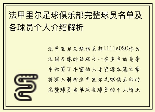 法甲里尔足球俱乐部完整球员名单及各球员个人介绍解析