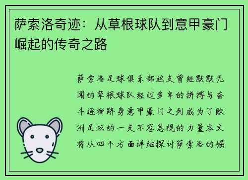 萨索洛奇迹：从草根球队到意甲豪门崛起的传奇之路
