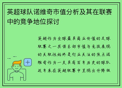 英超球队诺维奇市值分析及其在联赛中的竞争地位探讨