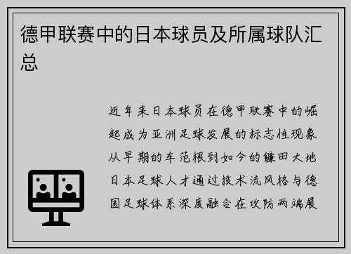 德甲联赛中的日本球员及所属球队汇总